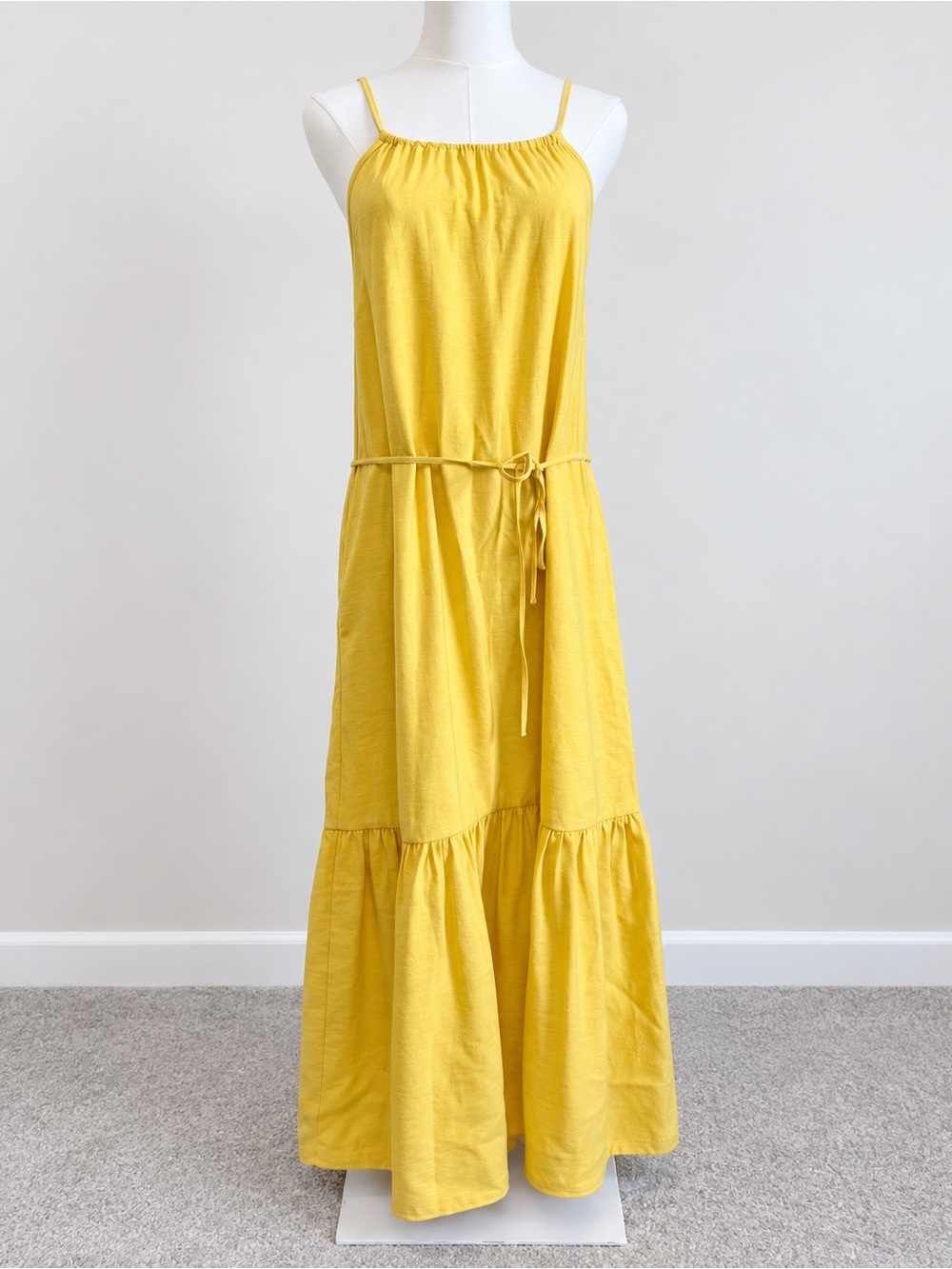 Banana Republic XS Yellow Tiered Maxi Dress Tie Waist Strappy Summer Boho